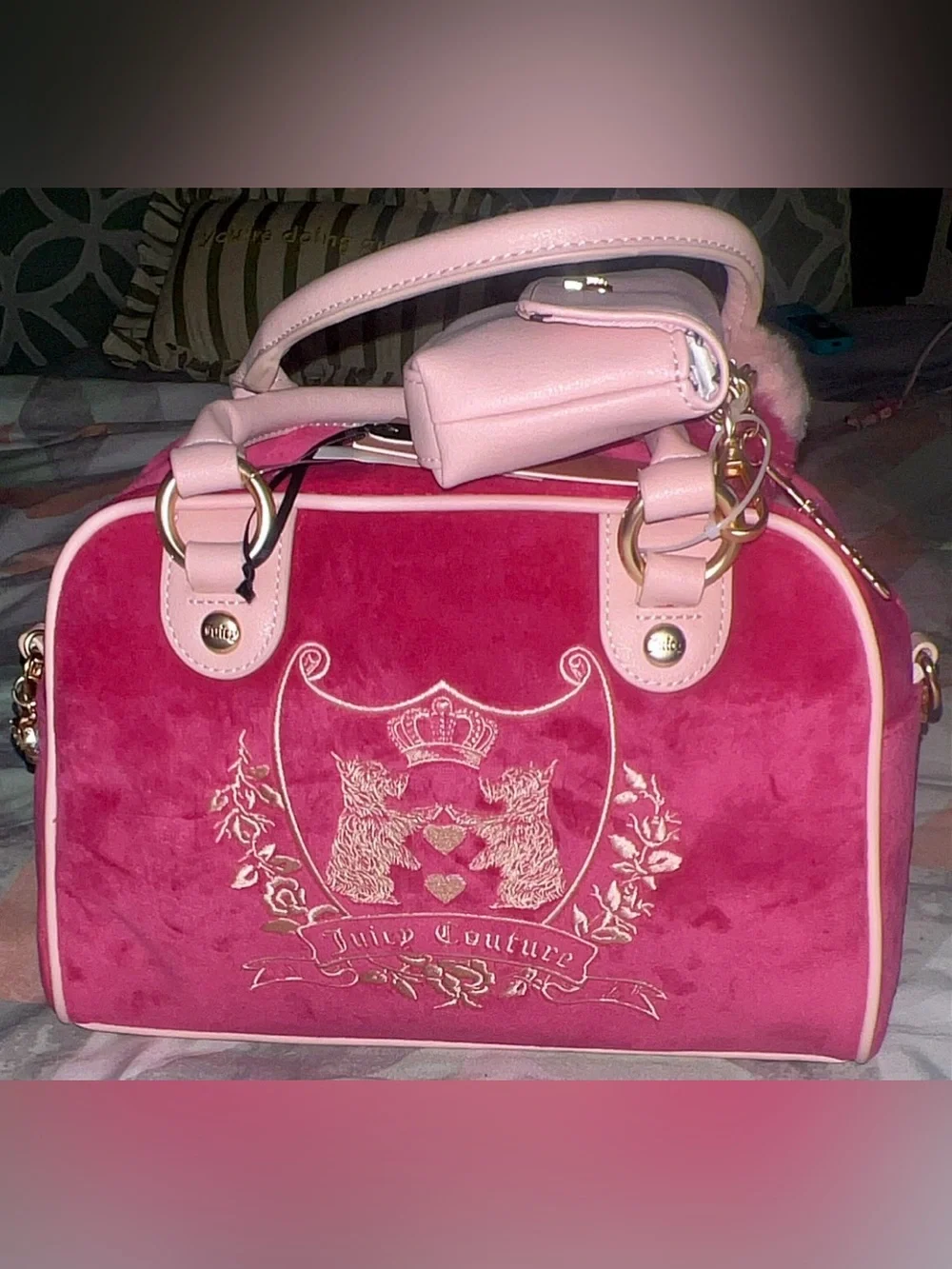 Juicy Couture Hot Pink Velvet Satchel with Pale Pink Trim